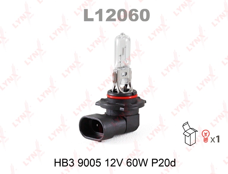 Лампа 12V HB3 60W галогеновая LYNXauto 9005 1 шт. картон L12060