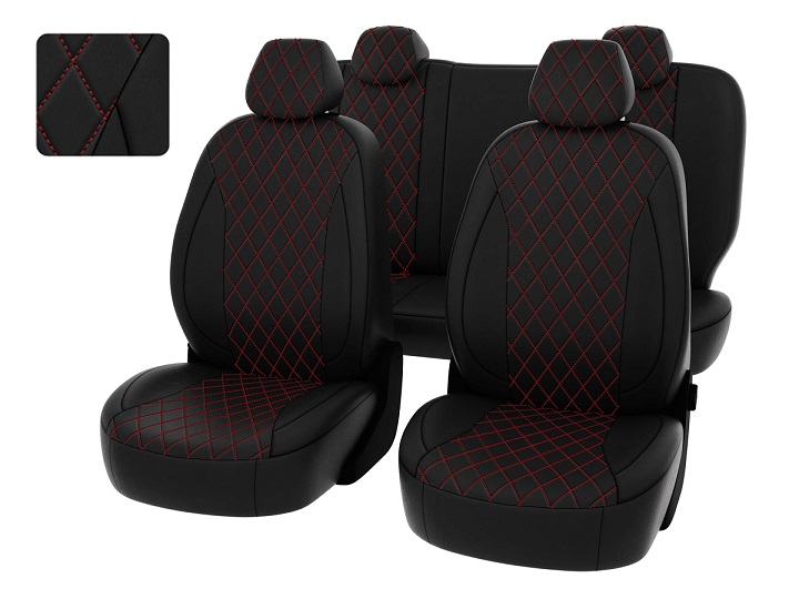 Чехлы сидений Hyundai Solaris II пок./Kia Rio IV (2017-н.в.) седан, спинка 2/3;ЧЕРНЫЙ;(экокожа) РОМБ